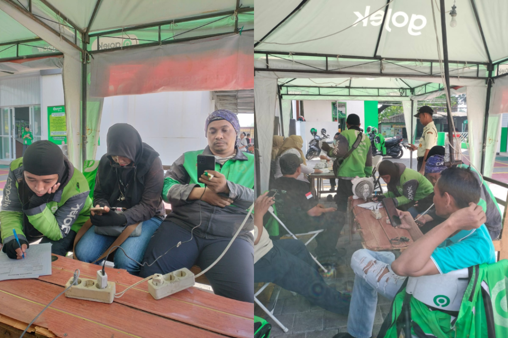 Mitra pengemudi online sedang menunggu antrian Cek Kesehatan Gratis (CKG) Mitra pengemudi online sedang menunggu antrian Cek Kesehatan Gratis (CKG)